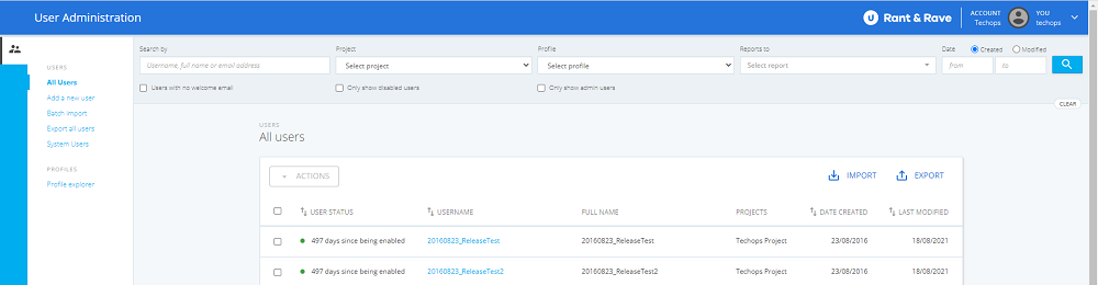Screenshot of the user management list